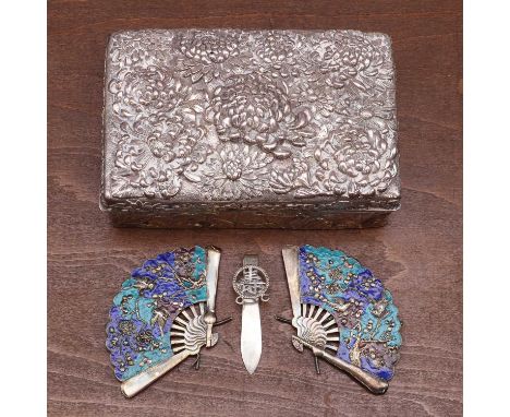 A pair of Chinese silver table card holders,early 20th century, in the shape of a fan, enamelled with magpies in a blossoming