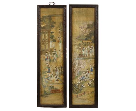 A pair of Chinese gouache paintings,late Qing dynasty, painted with scenes from 'Hong Lou Meng' (Dream of the Red Chamber), i