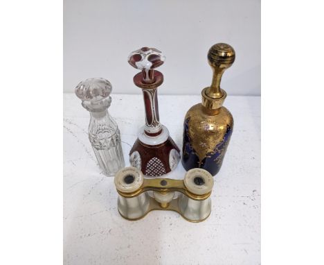 Collectables to include an antique bohemian glass miniature decanter along with a blue gilt bohemian glass perfume bottle, a 