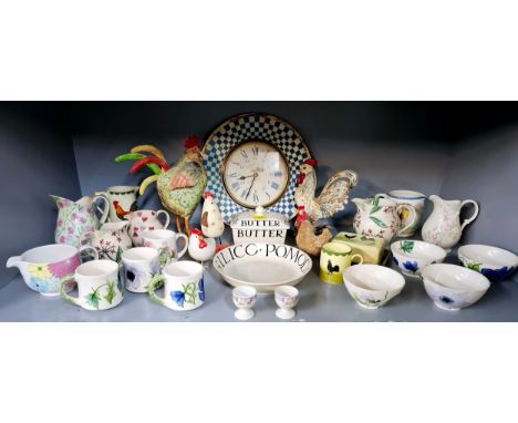 A quantity of painted pottery and decorative kitchen ware to include a wall clock, Emma Bridgwater, model turkeys and chicken