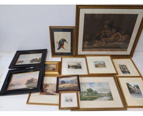 A group of framed and glazed pictures to include a signed print of the Vatican, a historic print of Windsor Castle, two water