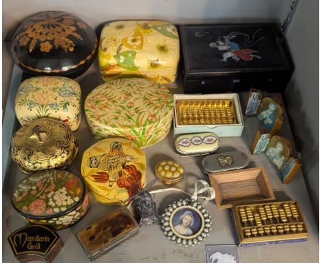 A mixed lot to include a selection of hand painted papermache lidded boxes depicting birds and floral scenes to the lid, alon