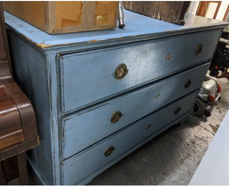 A blue painted pine chest of three drawers on bracket feet, 90 x 142 x 64cmsLocation: GIf there is no condition report shown,