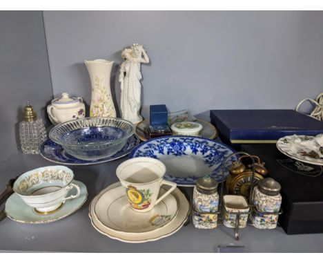 Collectables to include a marble lamp fashioned as a lighthouse, a boxed burns crystal American Embassy whiskey decanter and 