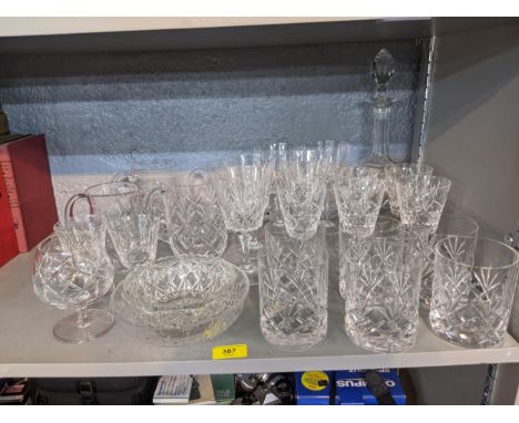 A collection of cut crystal glassware to include a decanter and stopper, tumblers, tankards and other items Location: 5.3If t