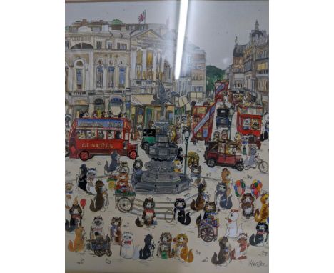 Diane Elson (b1953) - ink and watercolour painting of cats in a London Piccadilly Circus street scene, with buses and vintage
