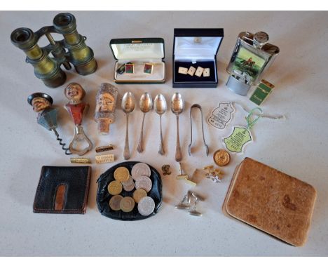 A shoe box of collectables to include silver teaspoons, carved treen bottle stop, bottle opener and corkscrew, 2 lighters, mi