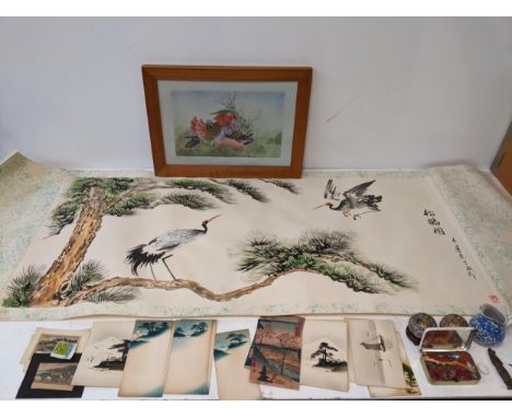 Japanese items to include a pair of cloisonne style lidded urns, a collection of postcards, a framed tile depicting birds, a 
