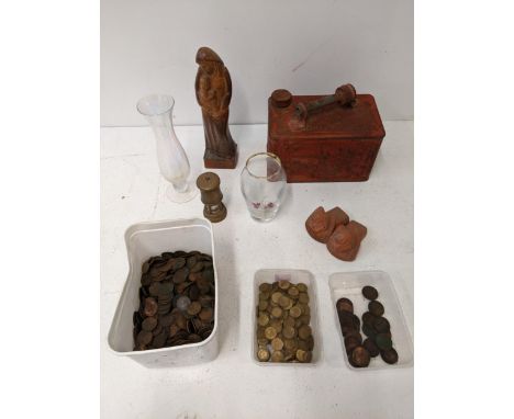 Collectables to include a vintage fuel can, a reproduction miniature miner's lamp, a quantity of threepence pieces and other 