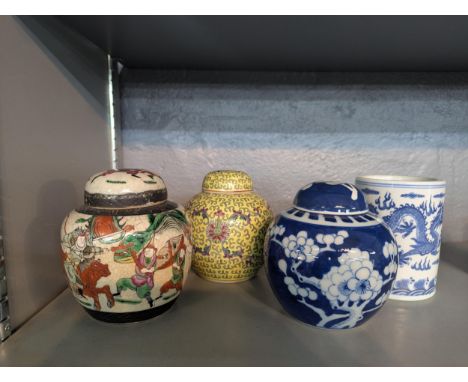 Oriental vases to include a Chinese blue and white ginger jar in the Prunus pattern, a Chinese famille verte crackle glazed g