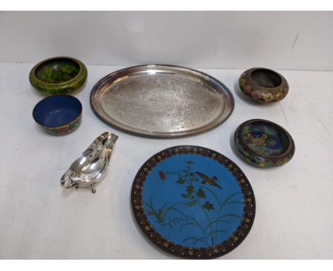 Metalware to include three late 19th/early 20th century Chinese Cloisonne style bowls, a Japanese Cloisonne plate, a silver p
