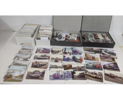 A quantity of mainly photographs and some postcards depicting images of buses, trains and coaches to include a vintage postca