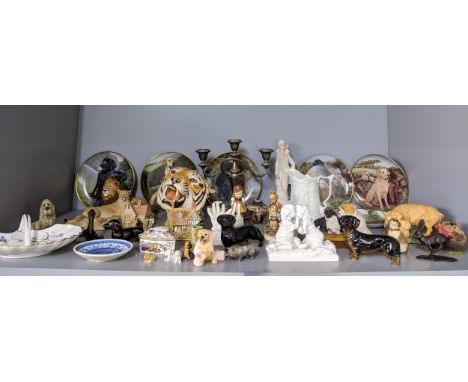 A mixed lot to include Sherratt and Simpson lion and tiger ornaments, Victorian and later Parian ware to include a ring holde