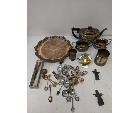 Silver plated items to include various collectors spoons, a tea set and tray, a vintage AA badge and other items Location:If 