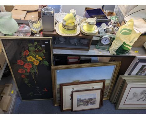 A mixed lot to include a New Home sewing machine, rugby-related prints, a Gladstone china part tea set, vintage toys and othe