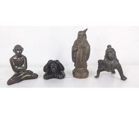 A collection of four bronzes to include Famished Buddha 7.3cm h x 5.8cm w x 2.9cm d; a Crouching Chinese character in a cloak