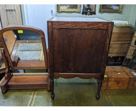 A group of small furniture to include an oak bedside cabinet with inset white top, twin doors with internal shelf, on turned 