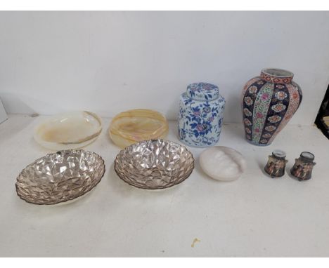 A mixed lot to include Royal Bayreuth posy vases, one with a silver rim, together with a floral white and blue ginger jar and