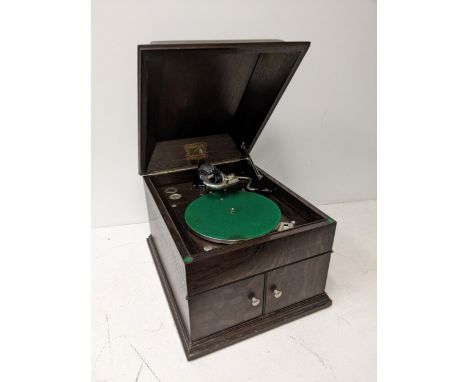 An oak cased His Masters Voice table-top gramophone Location: G If there is no condition report shown, please request