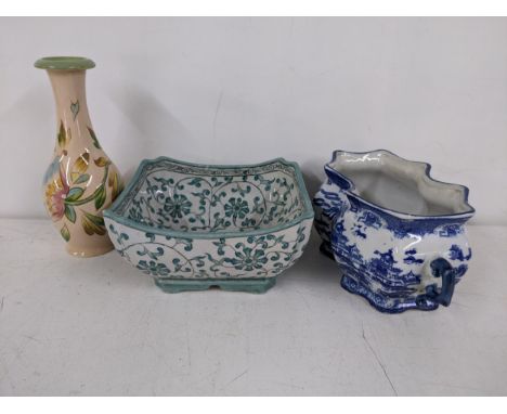 Three crackle glazed ceramic items to include a Beswick vase with a bottleneck and flared rim, a modern Chinese style bowl de