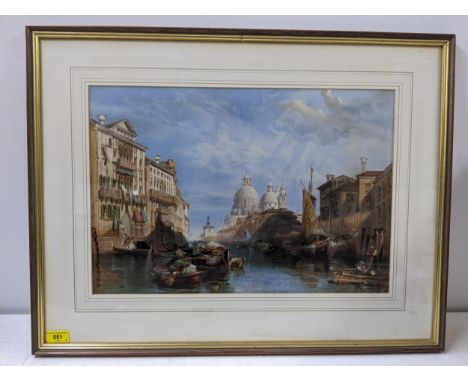 A print depicting a Venetian harbour scene with boats moored and figures by the quay side, unsigned, framed and glazed, 72cm 