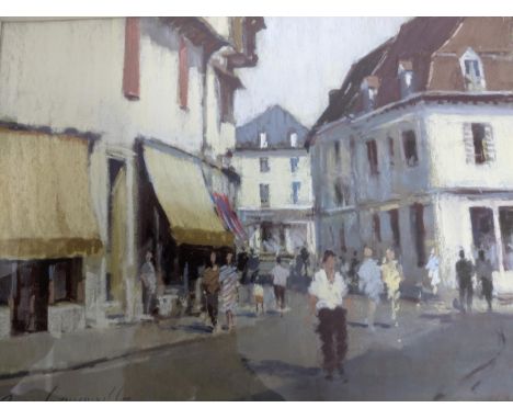 James Longueville (b1942) - Old Houses, Salies-De-Bearn, Pyrenees, depicting figures walking along a town street scene, Paste