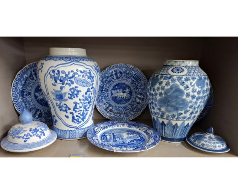 Mixed blue and white china to include Spode plates and 2 large ginger jars A/F. Location:R1.3Condition:Chip to the rim of one