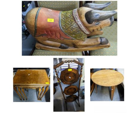A mixed group of small furniture to include a Gordon Russell of Broadway circular topped coffee table; an oak barley twist th