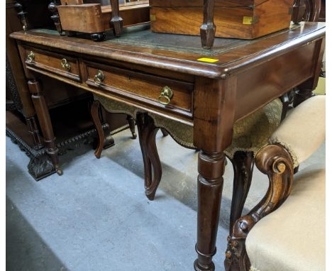 Victorian mahogany side table, the top with inset gilt tooled green leather scraiber, moulded edge, above two frieze drawers,