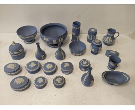 Wedgwood Jasperware items to include lidded trinket dishes, a table jug, a raised bowl, three posy vases and other items Loca