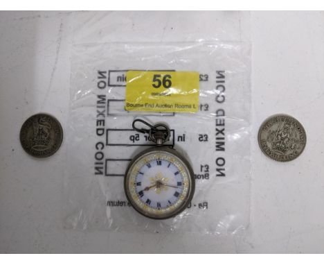 An open faced and silver cased ladies manual wind pocket watch with white enamelled face having roman numerals and gilt and s