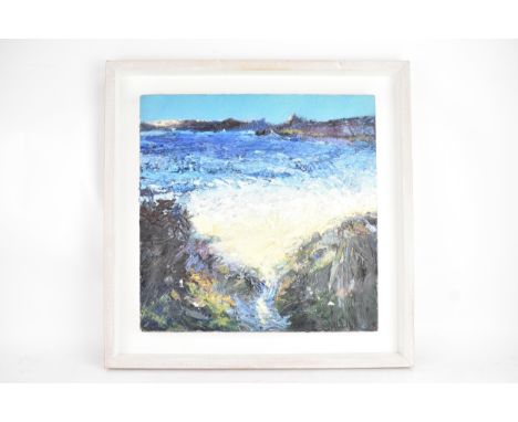 Nicky Walker - An oil on canvas Cornish beach scene entitled 'Gimble Porth Tresco' dated 2005 to the reverse, 46cm x 46cm, th