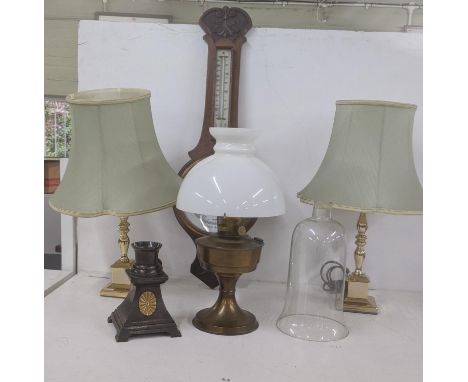 A mixed lot to include a wall hanging oak barometer A/F, a pair of brass table lamps, an oil lamp and one otherLocation:If th