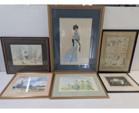 Four framed and glazed watercolours to include a landscape scene signed by Ann Diested, a portrait of a lady in a blue dress 