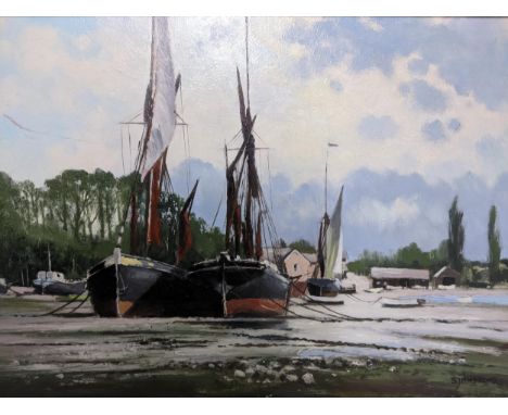 Stanley J Andrews - Barges on the Hard, Pinmill, estuary scene with moored fishing boats, buildings behind, oil on board, sig