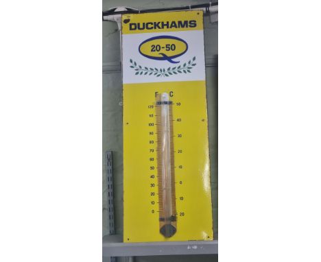A Duckhams 20-50 Motor Oil advertising enamel sign by Burnham, London, 91.5 x 33cm, A/F The themometer is missing&nbsp; Locat