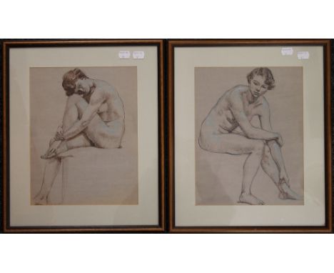 A pair of vintage pen and ink female nude studies and a large study of a female signed 'Orpen', all framed and glazed. The la