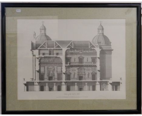 Four framed architectural prints. The largest 73 cm wide.