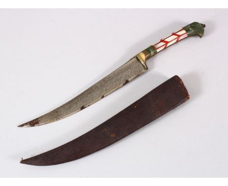 A 19TH CENTURY INDIAN DAGGER with jade and mother of pearl inlaid hilt, 28cm long.