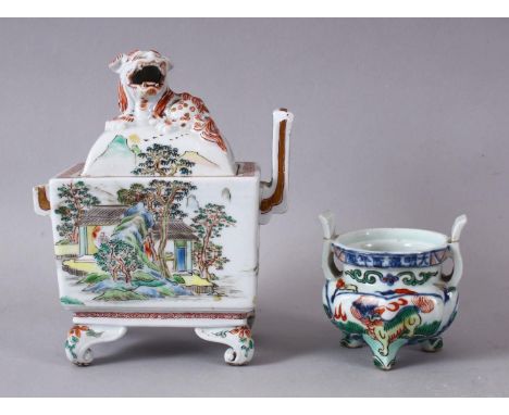 TWO CHINESE FAMILLE ROSE / VERTE PORCELAIN ITEMS, a porcelain lidded censer and cover, decorated with landscape scenes and a 