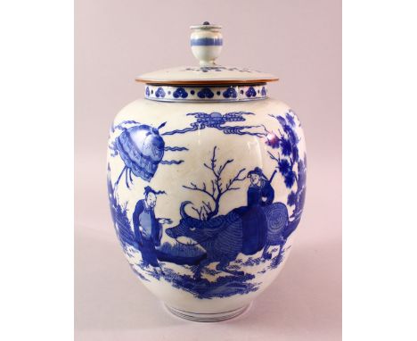 A CHINESE KANGXI STYLE BLUE &amp; WHITE PORCELAIN JAR &amp; COVER - decorated with Immortals in landscapes with an ox, the ba
