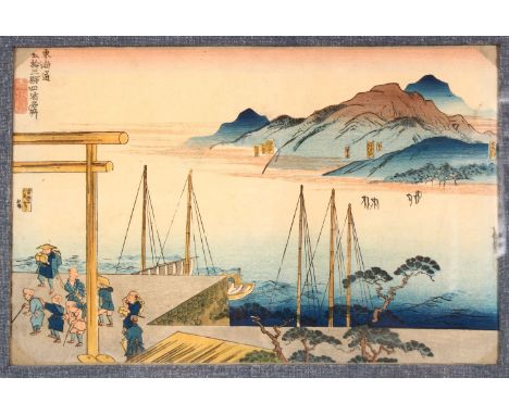 A JAPANESE MEIJI WOODBLOCK PRINT OF A WATERSIDE LANDSCAPE- depicting figures, ships and mountains - artist signed and sealed 