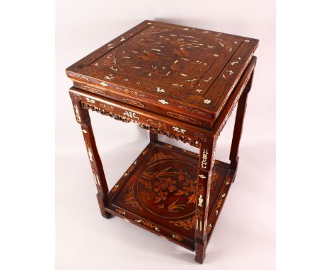 A FINE 19TH CENTURY CHINESE INLAID HARDWOOD TABLE / STAND, inlaid with exotic woods and ivory depicting bats, figures horses 