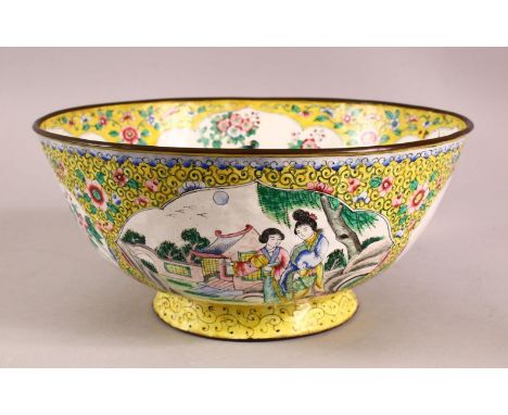 A GOOD CHINESE CANTON ENAMEL BOWL, decorated with panels of birds and flora with a yellow surrounding ground, the centre with