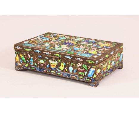 A CHINESE WHITE METAL &amp; ENAMEL LIDDED BOX - the box with raised enamel decoration depicting precious object and flora, th