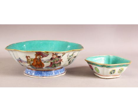 TWO 19TH CENTUYR CHINESE FAMILLE ROSE PORCELAIN BOWLS - The larger decorated with scenes of figures in garden settings, the i