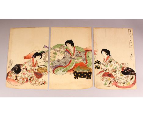 A 19TH CENTURY JAPANESE WOODBLOCK TRYPTIC PRINT, Chikanobu Yoshu 1838-1912, from the series of Inner Palace of Chiyoda, toget