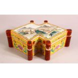 A CHINESE FAMILLE ROSE PORCELAIN BOX & COVER - the li decorated with a landscape view with a red