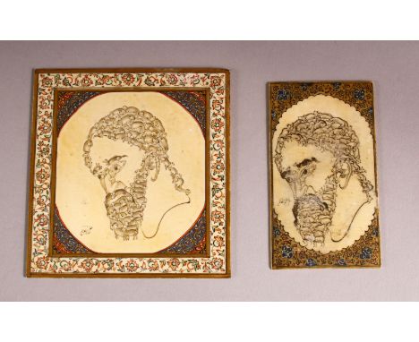 TWO ISLAMIC ANIMORPHIC PENWORK DECORATED IVORY MINIATURE PORTRAIT PLAQUES, 9cm x 9cm and 8.5cm x 4.5cm.