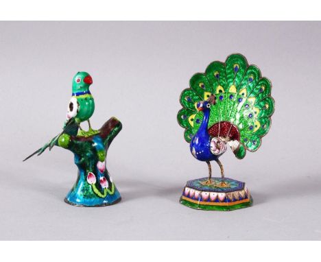 TWO 19TH / 20TH  CENTURY INDIAN ENAMEL BIRD FIGURES, one of a peacock, the other of a bird upon perch, 9cm &amp; 8cm.